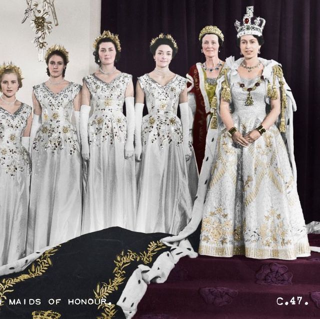 hm queen elizabeth ii with her maids of honour, green drawing room, buckingham palace, 2nd june 1953 in selecting six maids of honour instead of pages to bear her velvet train throughout the coronation ceremony, the queen followed the precedent of queen victoria lady moyra hamilton now lady moyra campbell, lady anne coke now the rt hon the lady glenconner, lady rosemary spencer churchill now lady rosemary muir, lady mary baillie hamilton now lady mary russell, lady jane heathcote drummond willoughby now the rt hon the baroness willoughby de eresby, lady jane vane tempest stewart now the rt hon the lady rayne colorised black and white print artist cecil beaton photo by the print collectorgetty images