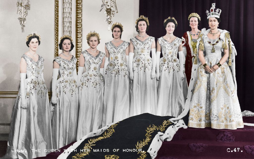 hm queen elizabeth ii with her maids of honour, green drawing room, buckingham palace, 2nd june 1953 in selecting six maids of honour instead of pages to bear her velvet train throughout the coronation ceremony, the queen followed the precedent of queen victoria lady moyra hamilton now lady moyra campbell, lady anne coke now the rt hon the lady glenconner, lady rosemary spencer churchill now lady rosemary muir, lady mary baillie hamilton now lady mary russell, lady jane heathcote drummond willoughby now the rt hon the baroness willoughby de eresby, lady jane vane tempest stewart now the rt hon the lady rayne colorised black and white print artist cecil beaton photo by the print collectorgetty images