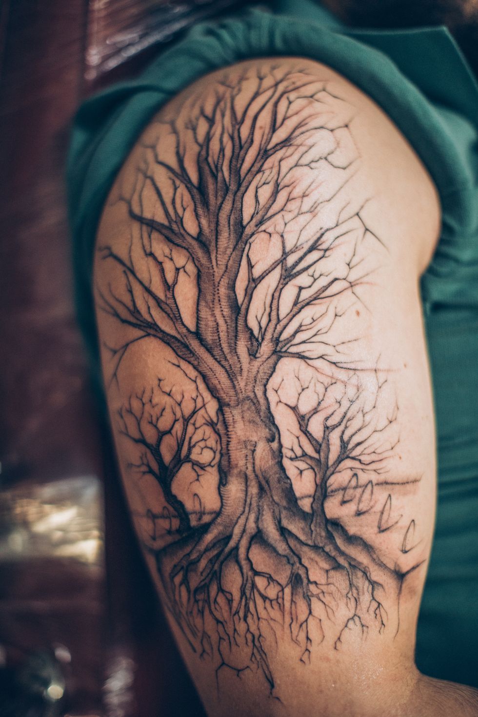 one man, tree tattoo on his arm is finished, part of