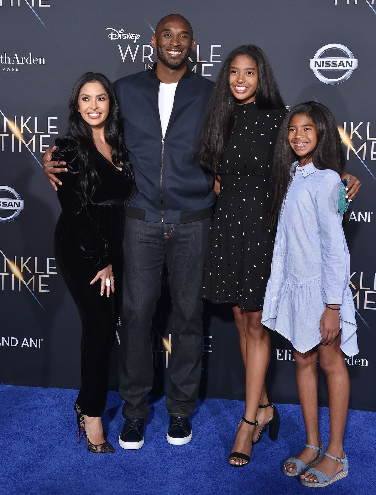 los angeles, ca   february 26  l r vanessa laine bryant, former nba player kobe bryant, natalia diamante bryant and gianna maria onore bryant arrive at the premiere of disney's 'a wrinkle in time' at el capitan theatre on february 26, 2018 in los angeles, california  photo by axellebauer griffinfilmmagic