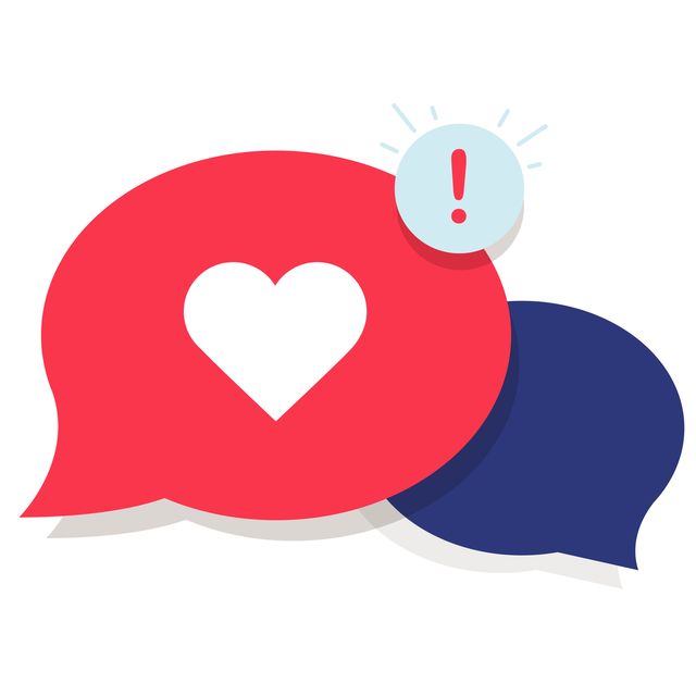 brand ambassador chat speech bubble icon and influencer marketing representative love chat or client oriented symbol concept cloud with heart and awarness sign long distance relationships