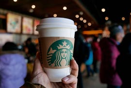 Hand holding a coffee cup in a Starbucks coffee shop.  In