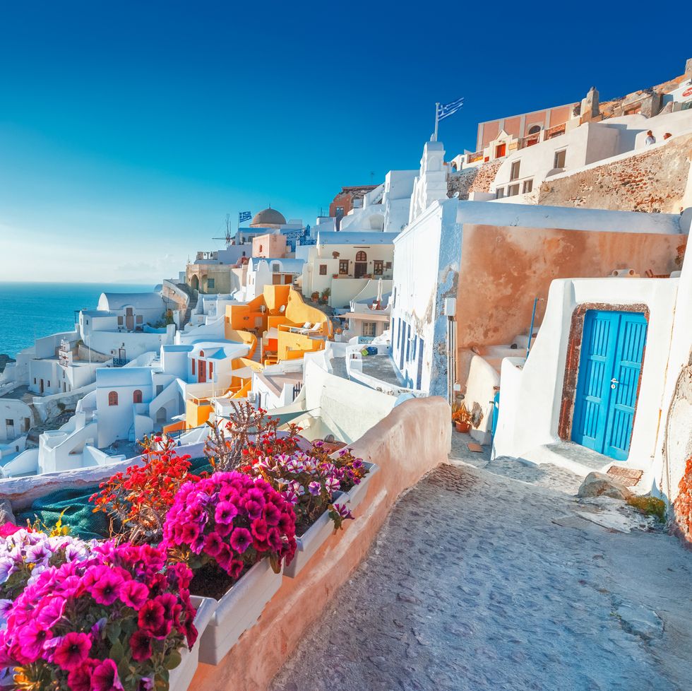 santorini, greece picturesq view of traditional cycladic santorini houses on small street with flowers in foreground location oia village, santorini, greece vacations background