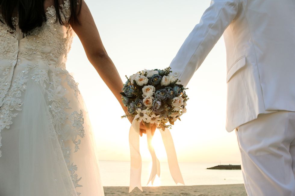 Photograph, Bride, Dress, Wedding dress, Gown, Bridal clothing, Bouquet, Wedding, Ceremony, Marriage, 