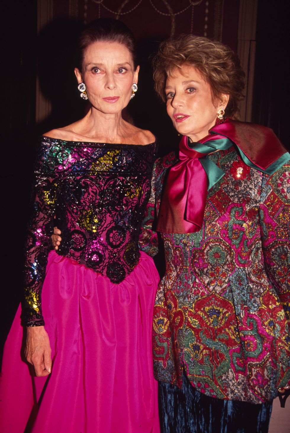 portrait of british actress audrey hepburn 1929 1993 left and american broadcast journalist and television host barbara walters as they attend the 8th annual night of stars fashion festival at the waldorf astoria hotel in new york, new york, november 3, 1991 photo by rose hartmangetty images