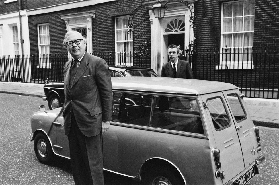 mr geoffrey rippon being driven in his chauffeur driven electric mini they take a short spin around the block before drink to 10 downing street, 21st november 1973 photo by tom kingmirrorpixgetty images