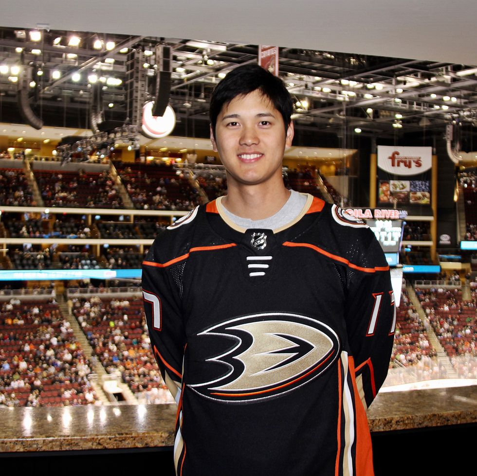 glendale, az february 24 shohei ohtani, pitcher for the los angeles angels, poses for a photo during a arizona coyotes game against the anaheim ducks at gila river arena on february 24, 2018 in glendale, arizona photo by jake nesbittnhli via getty images