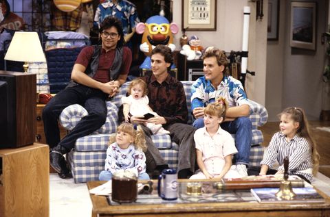 united states   december 08  full house   our very first promo   season one   12887, pictured, from left jesse john stamos, stephanie jodie sweetin, michelle played by twins mary kateashley olsen, danny bob saget, joey dave coulier, kimmy andrea barber and dj candace cameron were featured in a promo made by dannys tv station,  photo by abc photo archivesdisney general entertainment content via getty images