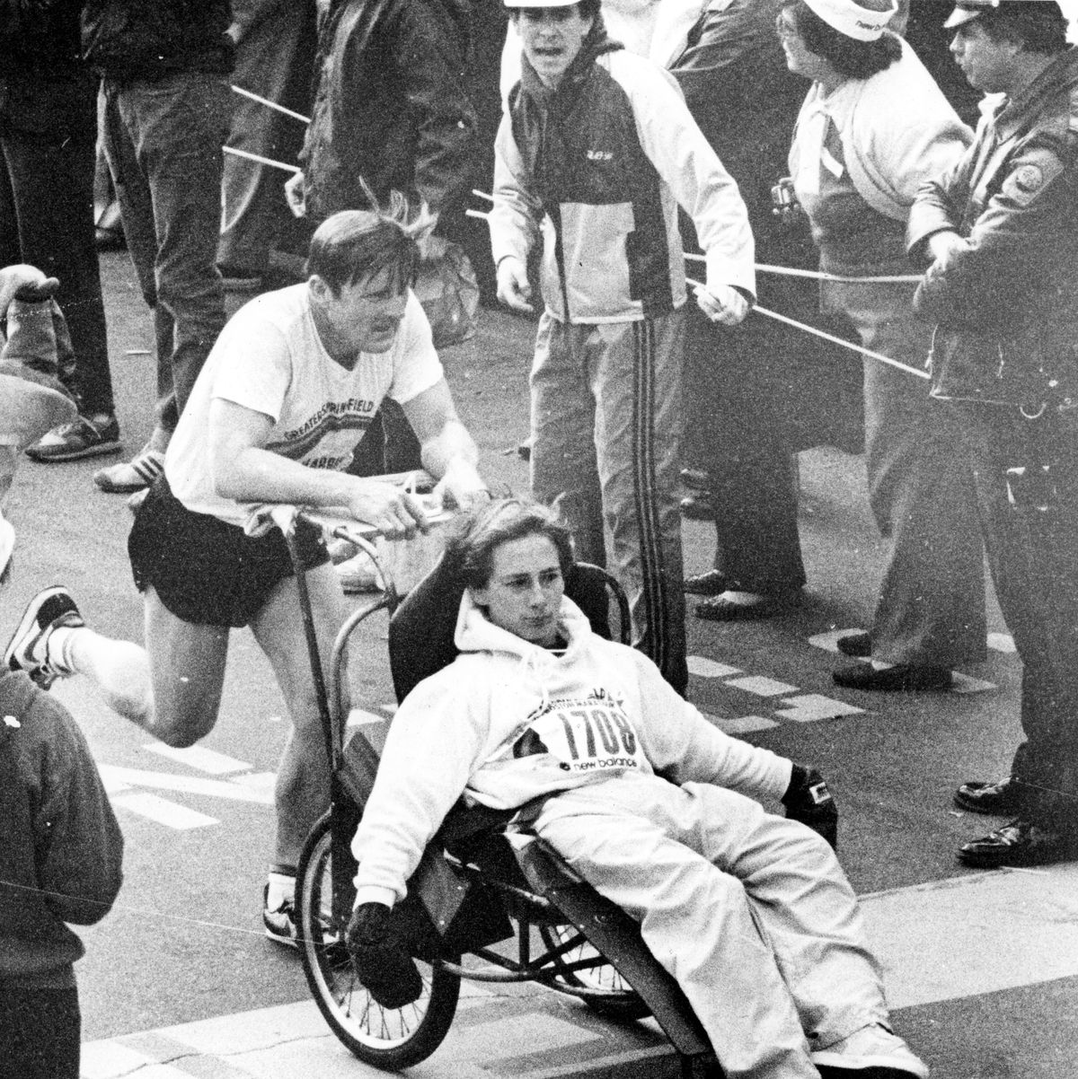 boston, ma april 18 richard e hoyt jr is pushed across the finish line by his father richard as they complete the 87th boston marathon, april 18, 1983 photo by bill ryersonthe boston globe via getty images