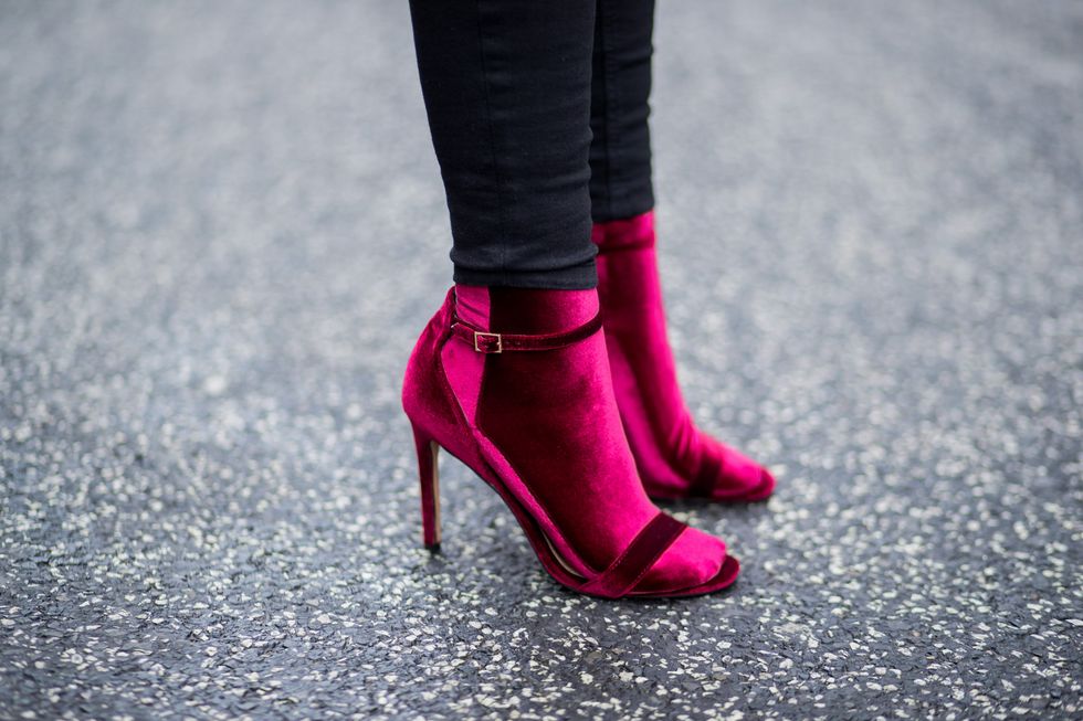 Footwear, Pink, High heels, Red, Black, Human leg, Street fashion, Shoe, Leg, Purple, 