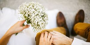 Photograph, Marriage, Bouquet, Yellow, Flower, Hand, Ceremony, Bride, Dress, Wedding dress, 