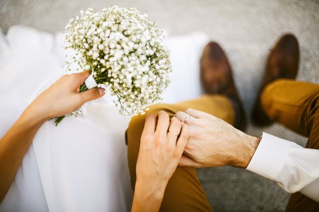 Photograph, Marriage, Bouquet, Yellow, Flower, Hand, Ceremony, Bride, Dress, Wedding dress, 