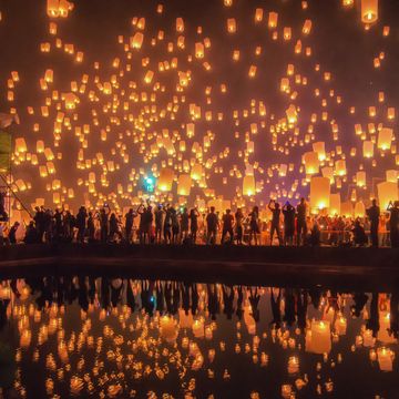 thailand traditional culture sky lanterns firework festival, chiang mai, thailand, loy krathong and yi peng festival
