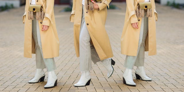 Clothing, Fashion, Yellow, Leg, Footwear, Outerwear, Street fashion, Coat, Knee, Human leg, 