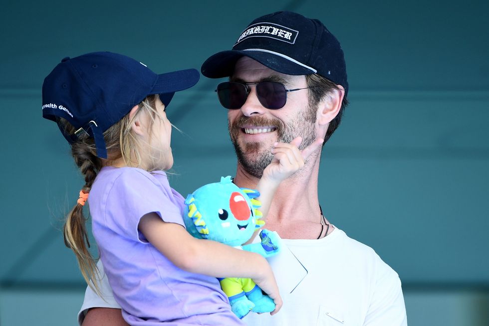 gold coast, australia   april 07  actor chris hemsworth and daughter india rose hemsworth attend the swimming on day three of the gold coast 2018 commonwealth games at optus aquatic centre on april 7, 2018 on the gold coast, australia  photo by quinn rooneygetty images