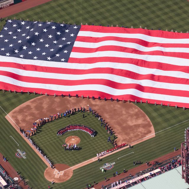 Flag of the united states, Flag, Stadium, Sport venue, Baseball field, Flag Day (USA), Textile, Architecture, Baseball park, Competition event, 