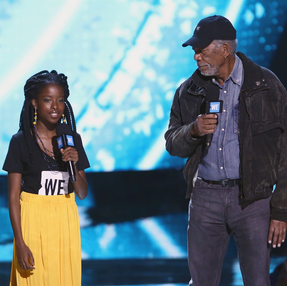 inglewood, ca   april 19  amanda gorman l and morgan freeman speak onstage at we day california  at the forum on april 19, 2018 in inglewood, california  photo by tommaso boddigetty images for we