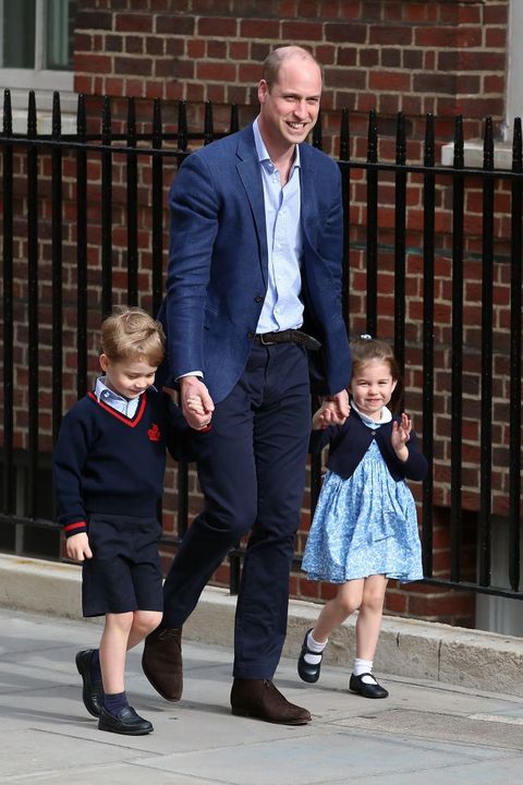 london, england   april 23  prince william, duke of cambridge arrives with prince george and princess charlotte at the lindo wing after catherine, duchess of cambridge gave birth to their son at st marys hospital on april 23, 2018 in london, england the duchess safely delivered a boy at 1101 am, weighing 8lbs 7oz, who will be fifth in line to the throne  photo by neil mockfordgc images