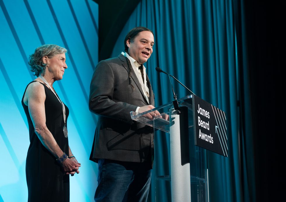 Beth Dooley and Sean Sherman speak at the 2018 James Beard Media Awards at Pier Sixty at Chelsea Piers on April 27, 2018 in New York City.