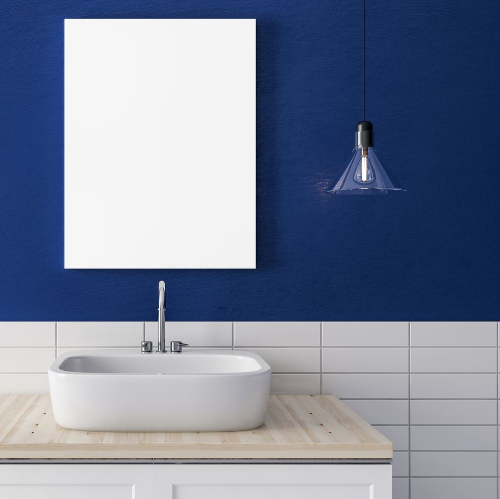 close up of sink and lamps on blue wall background with empty poster mock up, 3d rendering