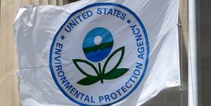 washington, dc   april 22, 2018  a flag with the united states environmental protection agency epa logo flies at the agencys headquarters in washington, dc  photo by robert alexandergetty images