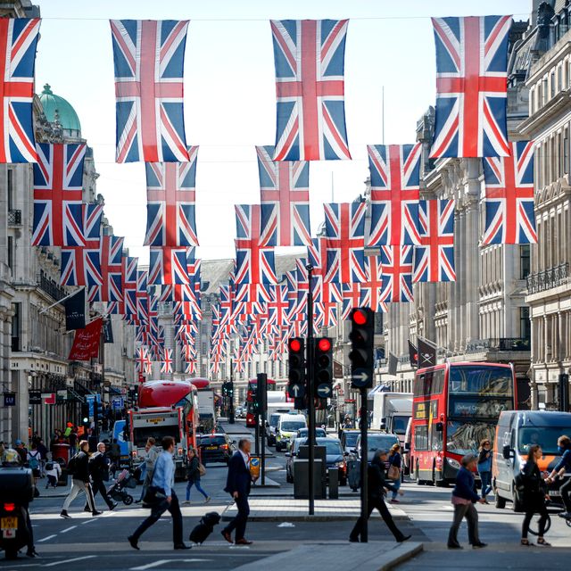 union flag decorations are seen in regent street, london on may 11, 2018 ahead of the royal wedding of prince harry and us actress meghan markle   britains prince harry and us actress meghan markle will marry on may 19 at st georges chapel in windsor castle photo by tolga akmen  afp photo by tolga akmenafp via getty images