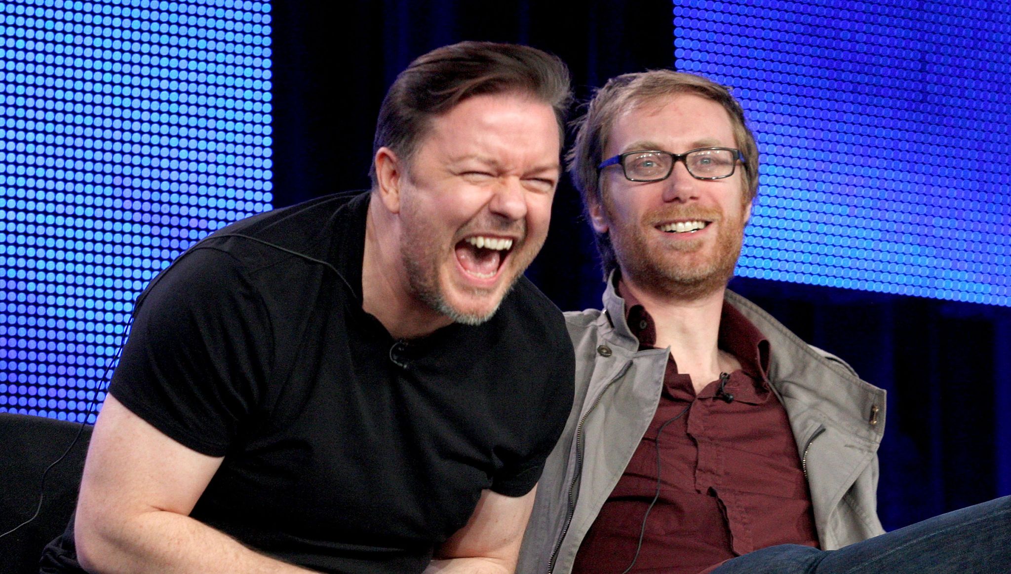 pasadena, ca   january 14  executive producers ricky gervais l and stephen merchant of the ricky gervais show speak during the hbo portion of the 2010 television critics association press tour at the langham hotel on january 14, 2010 in pasadena, california  photo by frederick m browngetty images