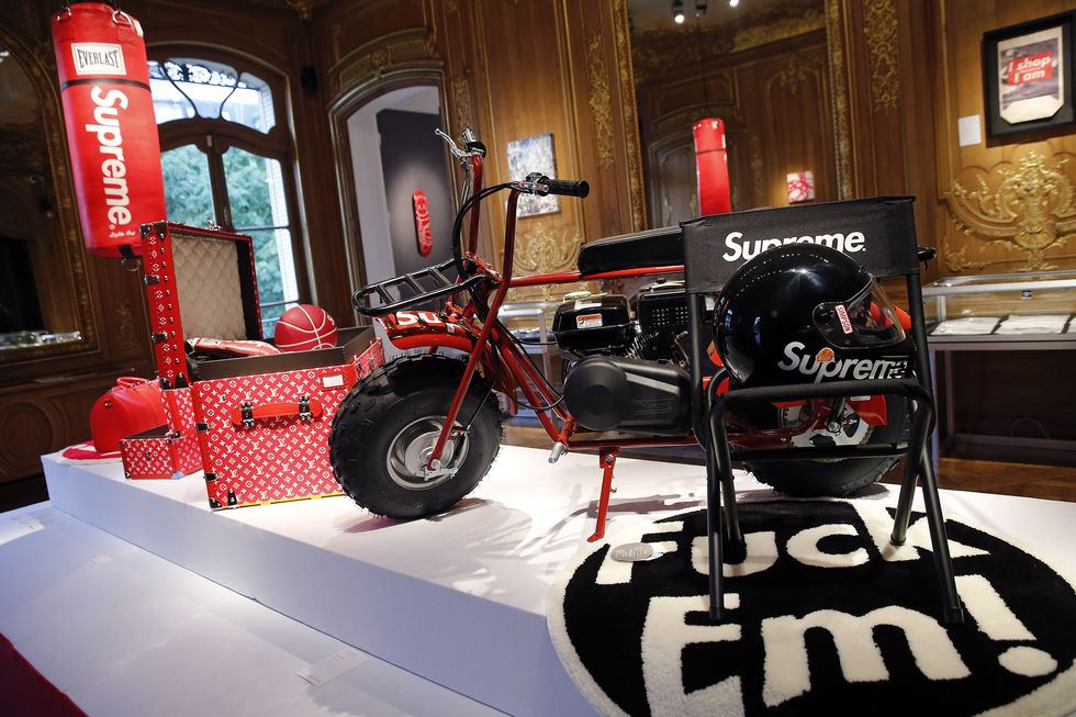 paris, france   may 14  a mini moto ct200u entitled ride or die by coleman x supreme is displayed during the exhibition the rise of supreme  30 years of american urban culture at  artcurial auction house on may 14 2018 in paris, france the artcurial house will auction off a unique and pioneering retrospective that traces three decades of urban culture in the united states, through the prism of works of art and the inevitable destiny of clothing and accessories streetwear fashion of the american brand supreme the auction will take place on may 16, 2018  photo by chesnotgetty images
