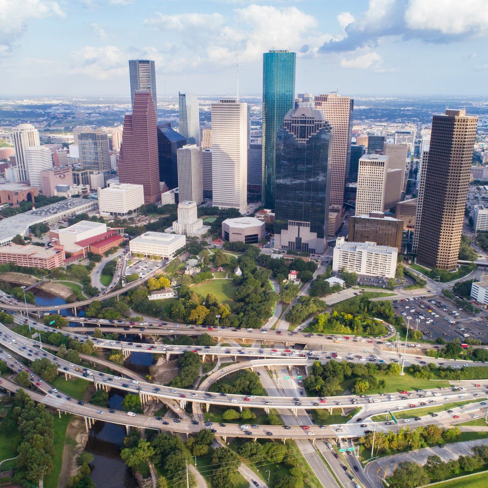 aerial view of skyline downtown houston building city, at buffalo bayou park, houston, texas