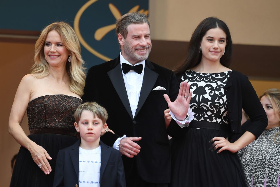 us actor john travolta 2ndr, his wife us actress kelly preston l and their children ella bleu travolta r and benjamin travolta  pose as they arrive on may 15, 2018 for the screening of the film solo  a star wars story at the 71st edition of the cannes film festival in cannes, southern france photo by loic venance  afp        photo credit should read loic venanceafp via getty images