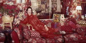 fashion editor at harper's bazaar, editor in chief at vogue and special consultant to the metropolitan museum of art, diana vreeland, in her red billy baldwin designed "garden in hell" living room, wearing a red lounging ensemble, 1979 photo by horst p horstconde nast via getty images