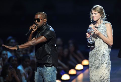new york   september 13  kanye west takes the microphone from taylor swift and speaks onstage during the 2009 mtv video music awards at radio city music hall on september 13, 2009 in new york city  photo by kevin mazurwireimage