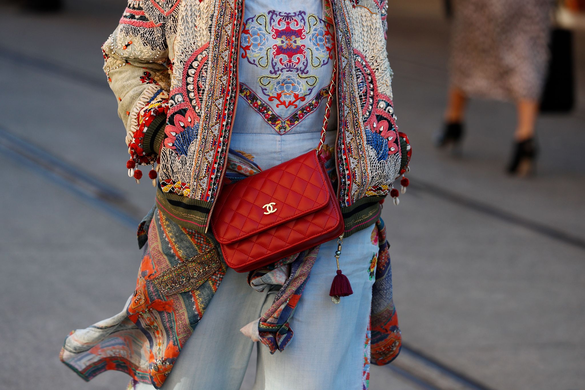 Street fashion, Clothing, Fashion, Red, Joint, Outerwear, Textile, Shoulder, Dress, Costume, 