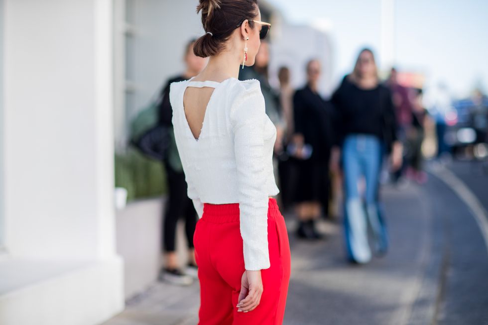 White, Clothing, Street fashion, Shoulder, Fashion, Red, Pink, Beauty, Jeans, Waist, 