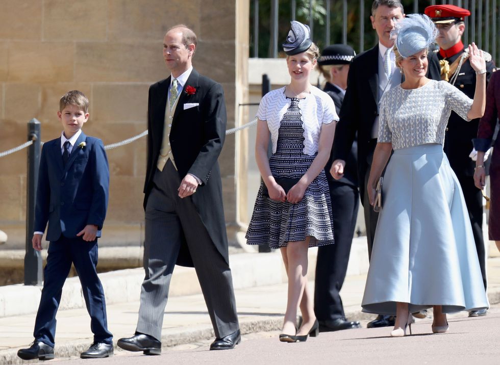 britains prince edward, earl of wessex, 2l and his wife britains sophie, countess of wessex, r arrive with their children britains lady louise windsor 2l and james, viscount severn for the wedding ceremony of britains prince harry, duke of sussex and us actress meghan markle at st georges chapel, windsor castle, in windsor, on may 19, 2018 photo by chris jackson  pool  afp        photo credit should read chris jacksonafp via getty images