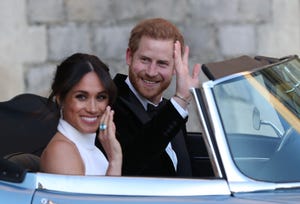 windsor, united kingdom may 19 duchess of sussex and prince harry, duke of sussex wave as they leave windsor castle after their wedding to attend an evening reception at frogmore house, hosted by the prince of wales on may 19, 2018 in windsor, england photo by steve parsons wpa poolgetty images