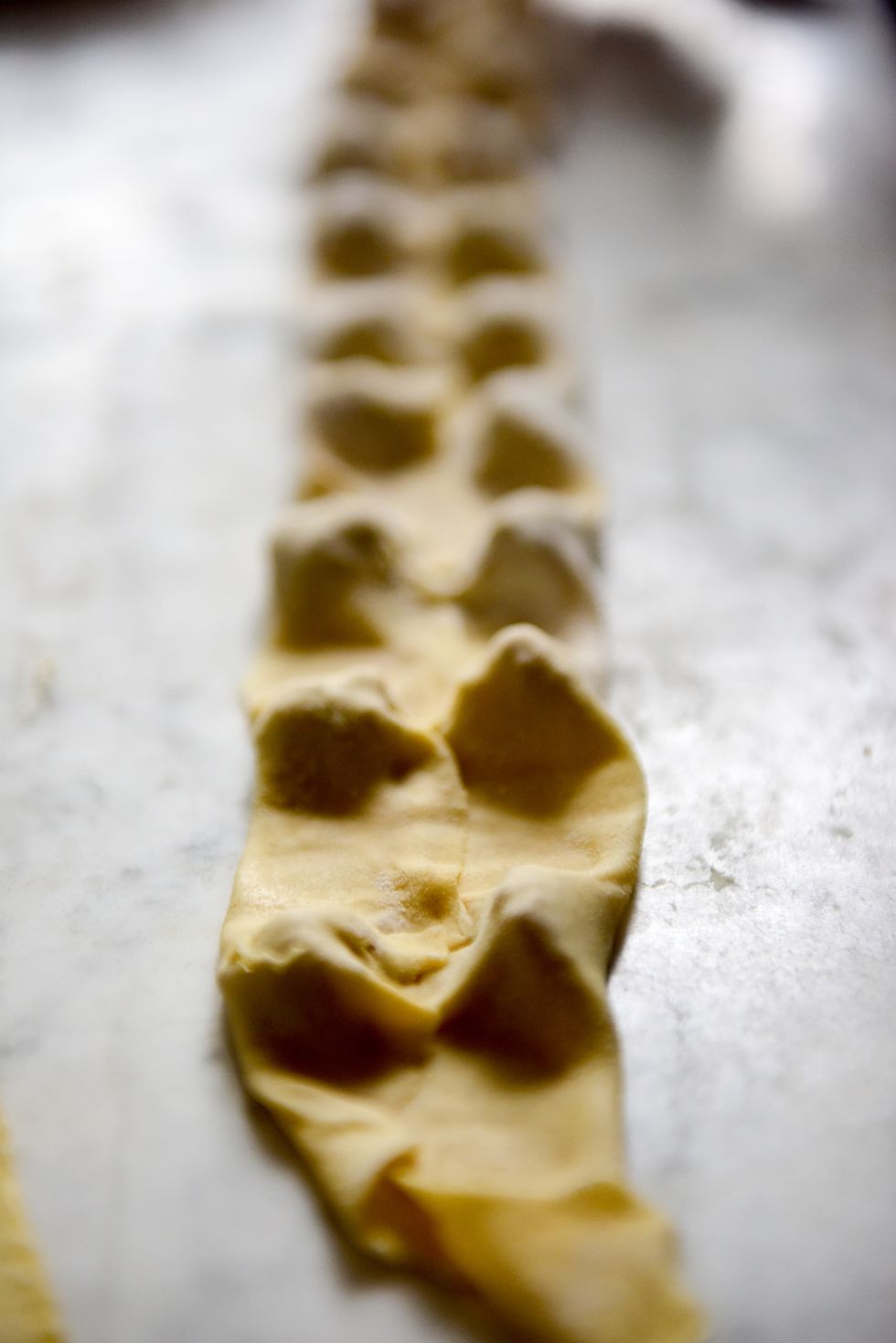 Small amounts of stuffing in a row on a fresh pasta sheet to make tortellini