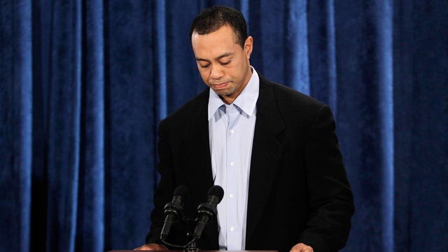 Tiger Woods pauses while making a statement from the Sunset Room on the second floor of the TPC Sawgrass, home of the PGA Tour on February 19, 2010, in Ponte Vedra Beach, Florida