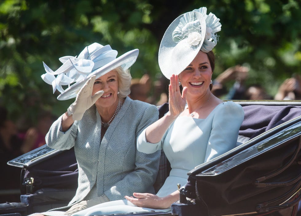 london, england june 09 camilla, duchess of cornwall and catherine, duchess of cambridge rides by carriage during trooping the colour 2018 on the mall on june 9, 2018 in london, england photo by samir husseinsamir husseinwireimage