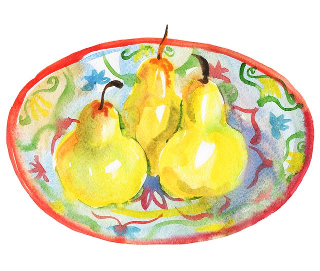 hand drawn pears on the plate watercolor fresh fruits on white background painting isolated illustration, still life