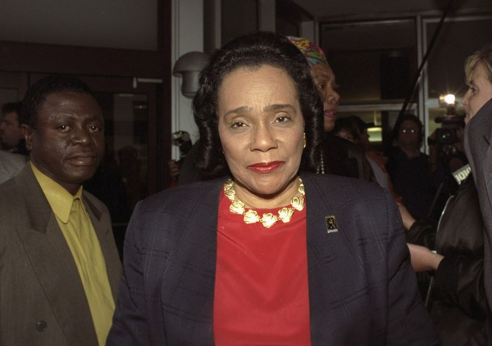 Coretta Scott King leaving Jacobi Hospital after visiting Betty Shabazz on June 2, 1997