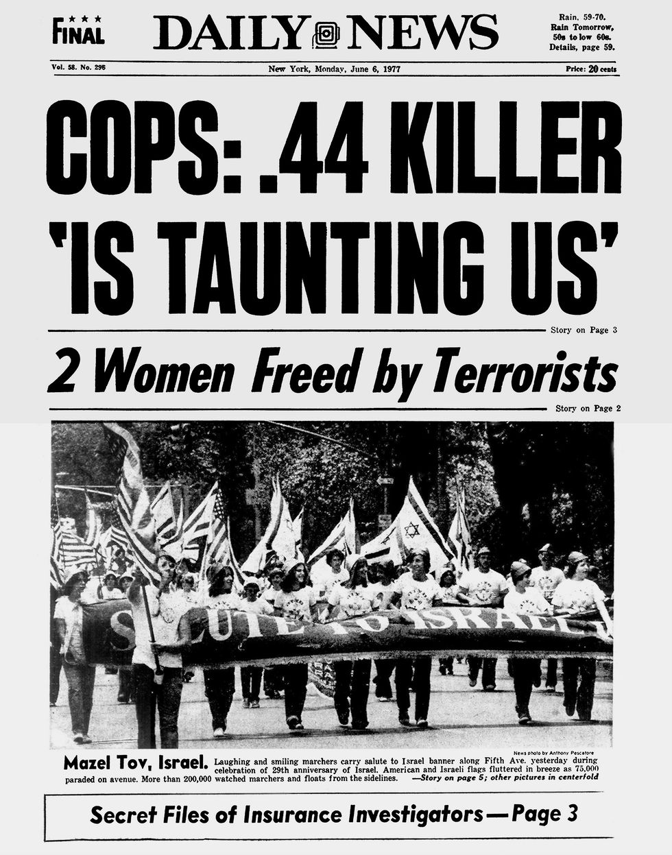 Daily News Front page June 6, 1977 , Headline: COPS: .