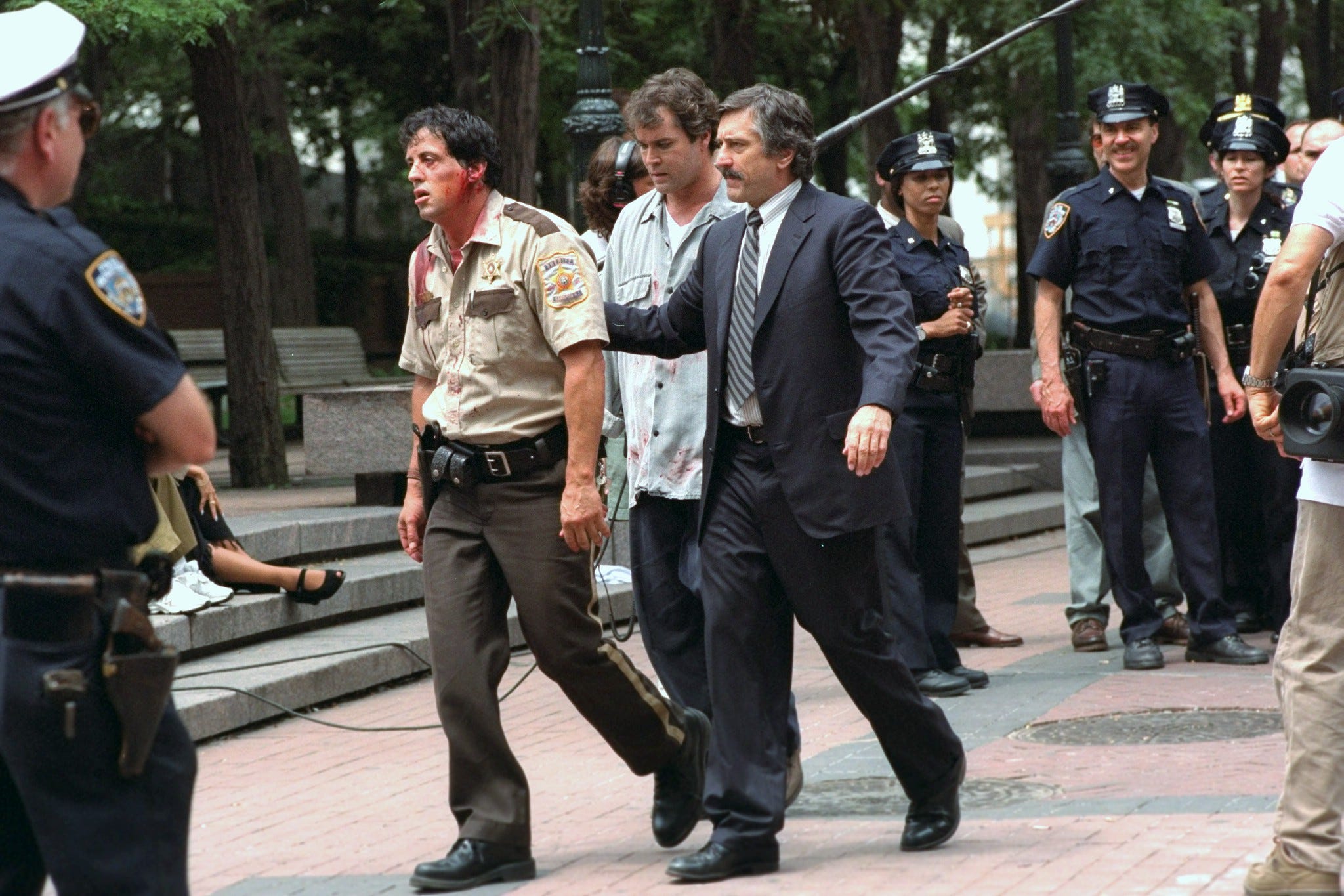 united states july 29 sylvester stallone, ray liotta and robert de niro l to r during filming of the movie copland at police headquarters photo by richard corkeryny daily news archive via getty images