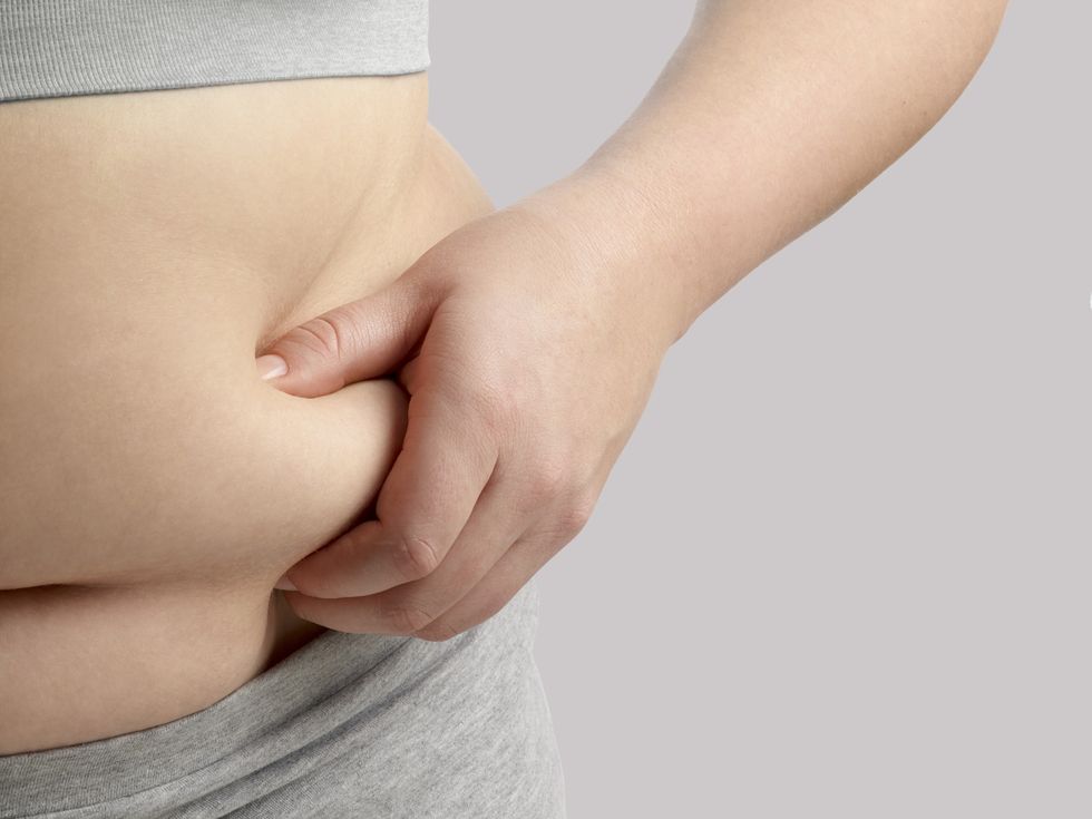 Overweight woman holding body fat