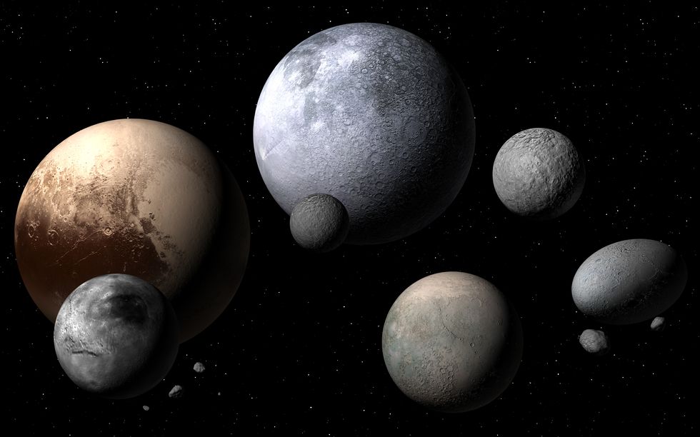 dwarf planets and moons, illustration a dwarf planet is a planetary mass object orbiting the sun that is not a true planet they are massive enough for their self gravities to crush them into spheres, but they have not cleared the neighbourhood of other material around their orbits ceres, for example, shares its orbit with other asteroids all the other dwarf planets so far known are found beyond neptune, in a region of the solar system full of debris called the kuiper belt here are the five currently confirmed dwarf planets in the solar system as of 2018 along with their known natural satellites, or moons from left to right they are pluto with charon, hydra, mix, kerberos and styx, eris with dysnomia, makemake, ceres, and finally the oddly shaped haumea with hi iaka and namaka haumea is an ellipsoidal shape rather than a sphere, owing to its rapid spin