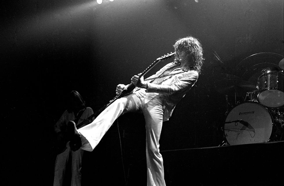 new york   june 07 jimmy page from led zeppelin performs live on stage at madison square garden, new york on june 07 1977 photo by richard e aaronredferns