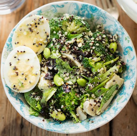 Protein chicken & egg salad  with quinoa, edamame beans and avocado dressing