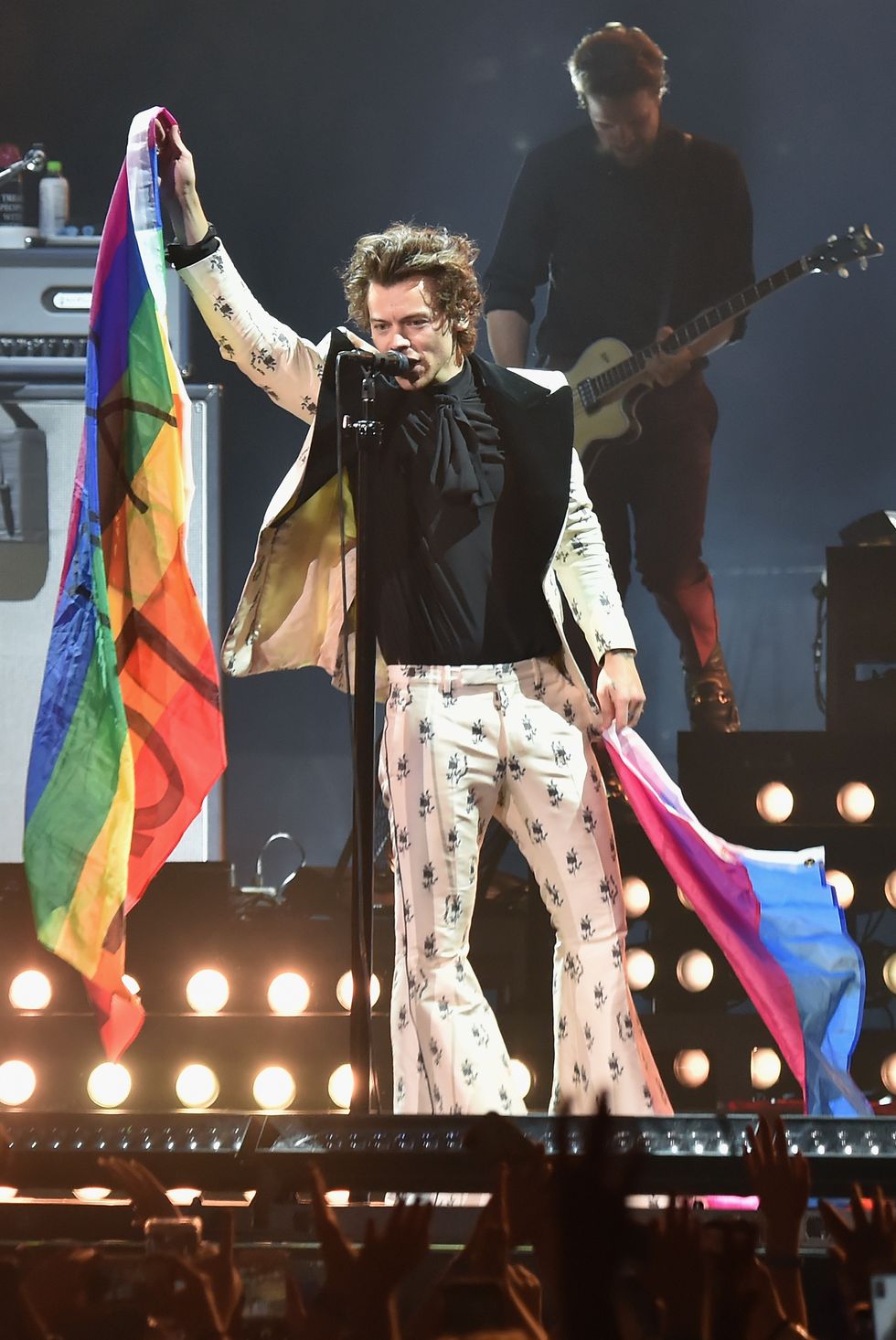 new york, ny   june 21  harry styles holds rainbow flags as he performs onstage during harry styles live on tour   new york at madison square garden on june 21, 2018 in new york city  photo by kevin mazurgetty images for hs