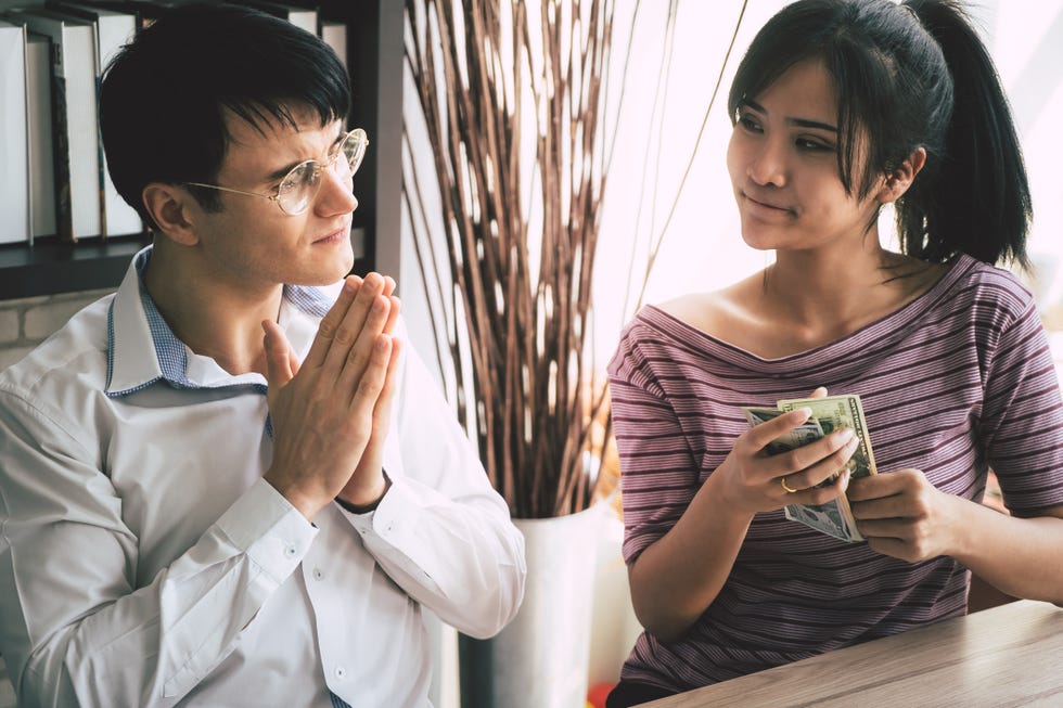 poor husband begging his wife for money