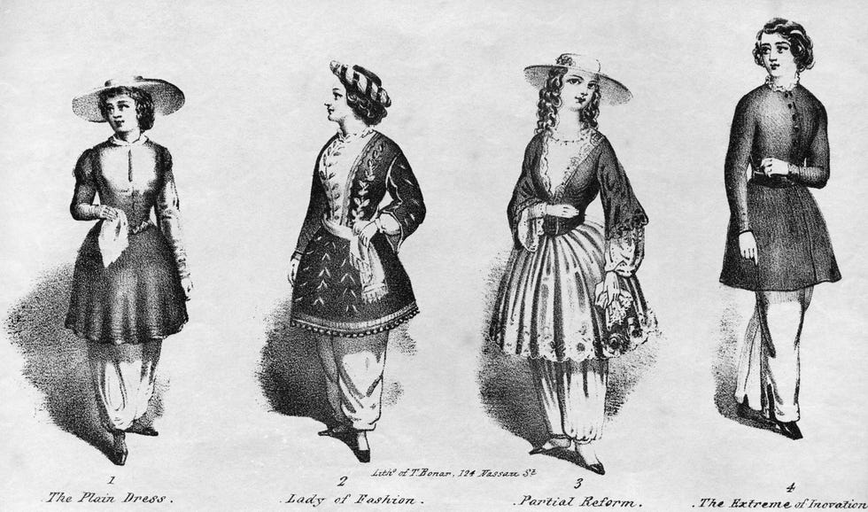 an engraving of four examples of women wearing bloomers as advocated by women's rights and temperance advocate amelia bloomer 1818 1894 circa 1850 photo by kean collectiongetty images